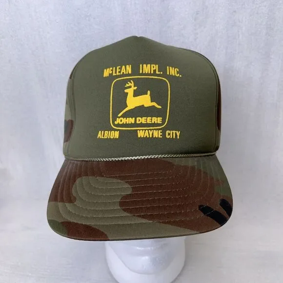 John Deere Vintage Trucker Hat Cap Insulated Foam McLean Implement Inc Camo NWOT - Picture 2 of 10